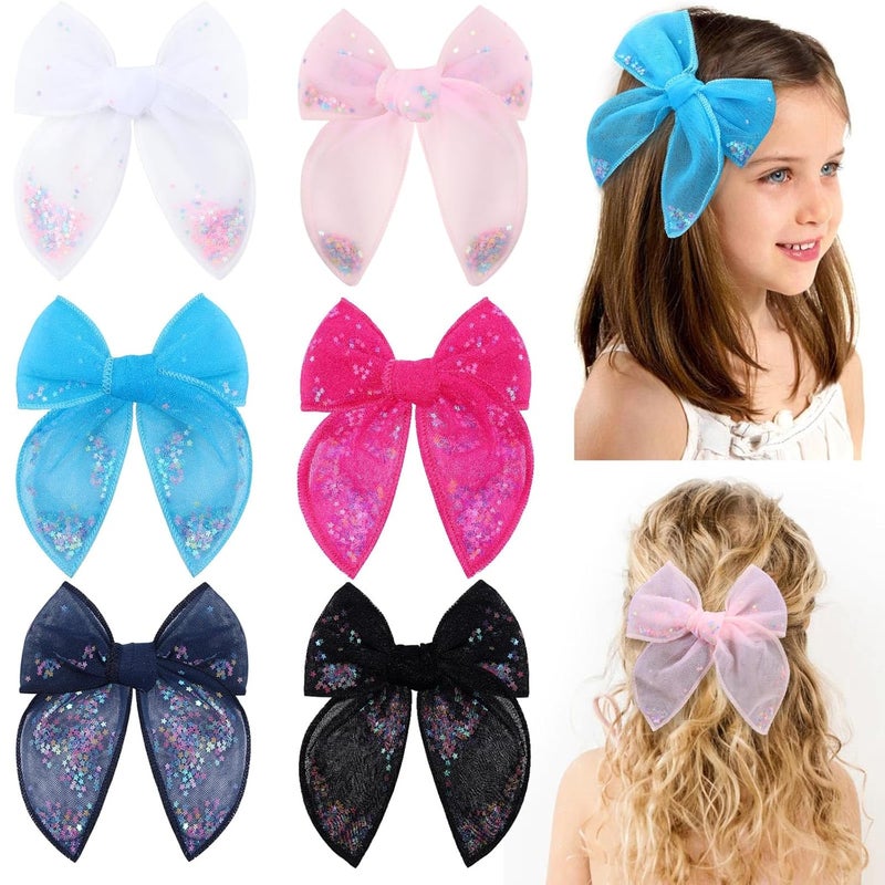 C.N. 6 PCS Tulle Hair Bows for Girls, Toddler Bows with Glitter Star Alligator, Colorful Hair Barrettes Wedding Hair Accessories for Baby Girls Infants Toddler Teens Party (Type B) - Image 1